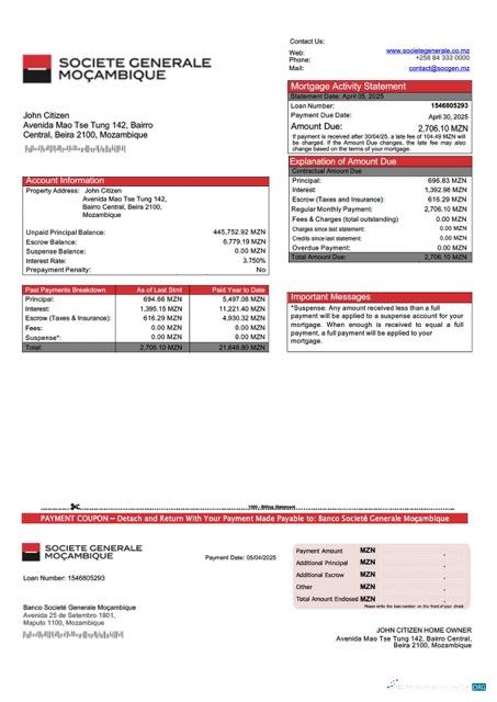 Mozambique Banco Societé Generale Moçambique mortgage statement Word and PDF template